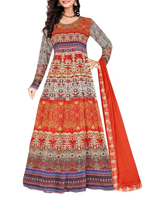 red georgette semi-stitched suit - 14458899 - Very Small Image - 1