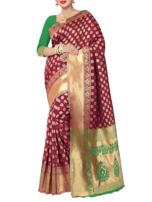 maroon banarasi silk saree with blouse - 14458997 - Very Small Image - 1