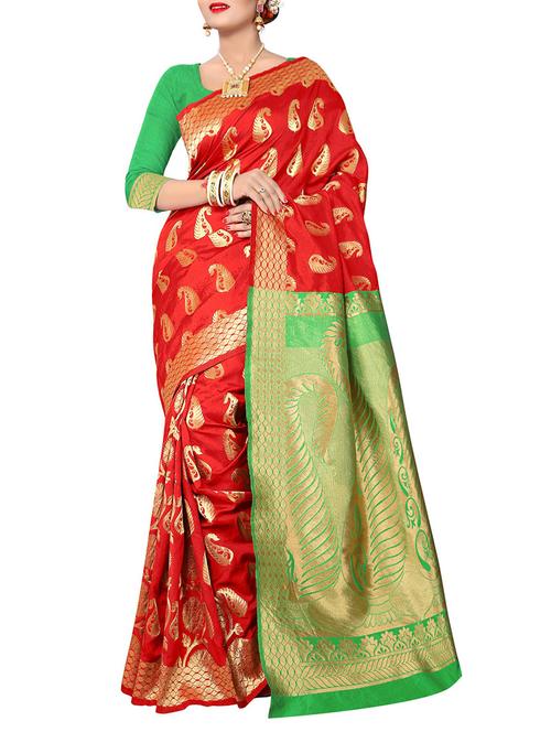 red banarasi silk saree with blouse - 14459002 - Very Small Image - 1