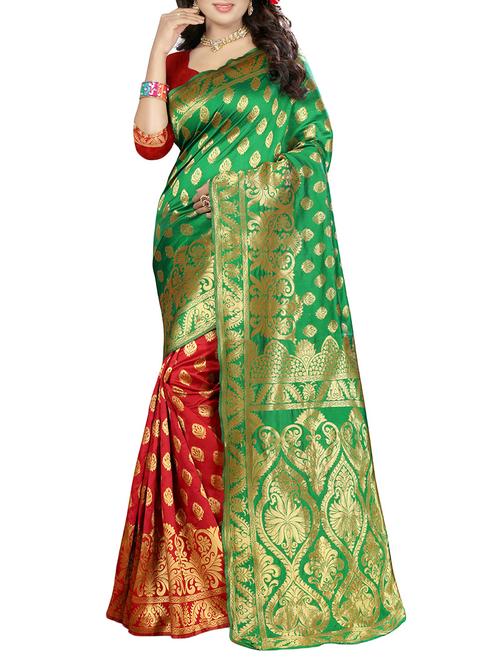 green banarasi silk saree with blouse - 14459008 - Standard Image - 1