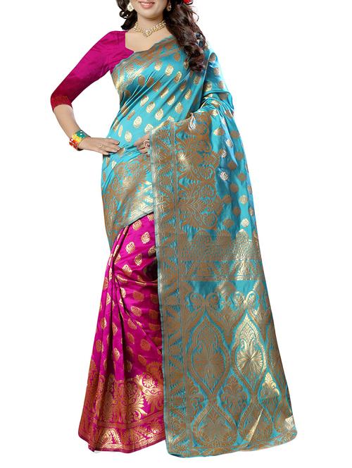 turquoise banarasi silk saree with blouse - 14459011 - Very Small Image - 1