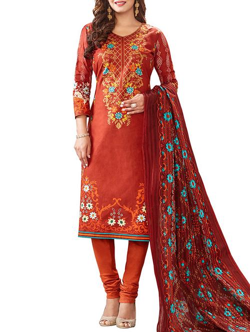 orange cotton un-stitched dress material - 14459228 - Very Small Image - 1