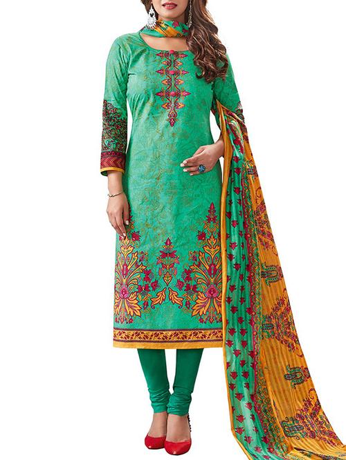 green cotton un-stitched dress material - 14459231 - Very Small Image - 1