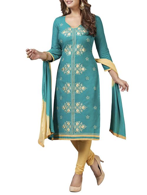 green cotton un-stitched dress material - 14459241 - Very Small Image - 1