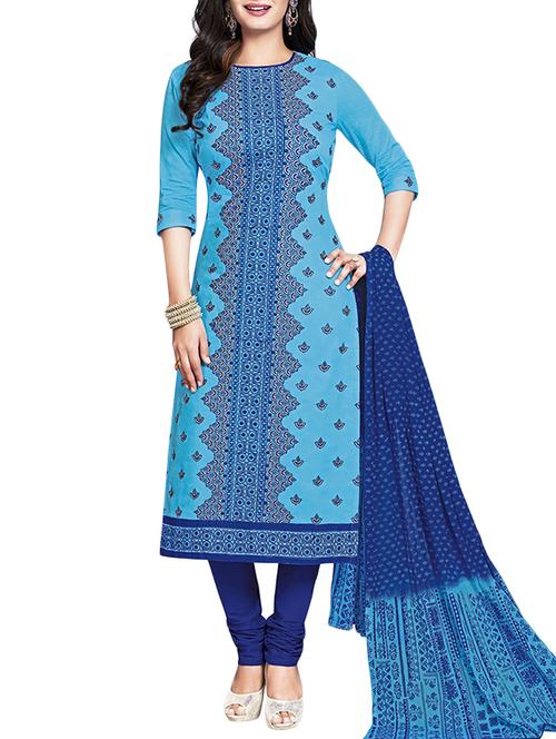 blue cotton un-stitched dress material - 14459245 - Very Small Image - 1