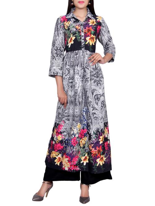 grey crepe flared kurta - 14459956 - Very Small Image - 1