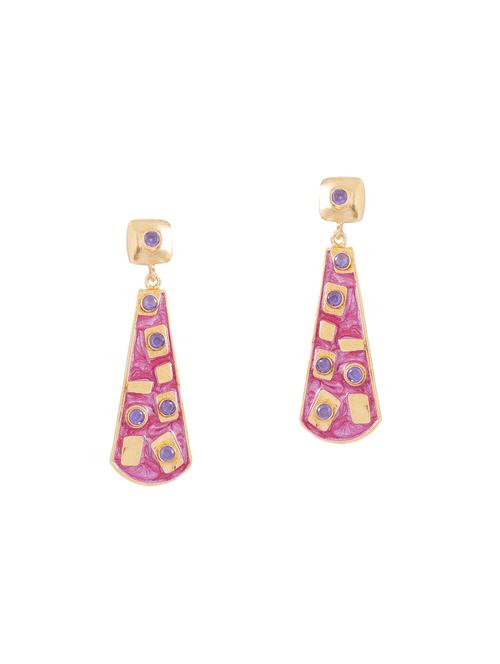 pink color, gold metal drop earrings - 14460669 - Very Small Image - 1