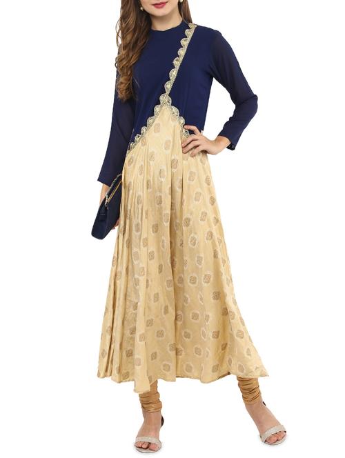 Blue & gold rayon flared kurta - 14461282 - Very Small Image - 1