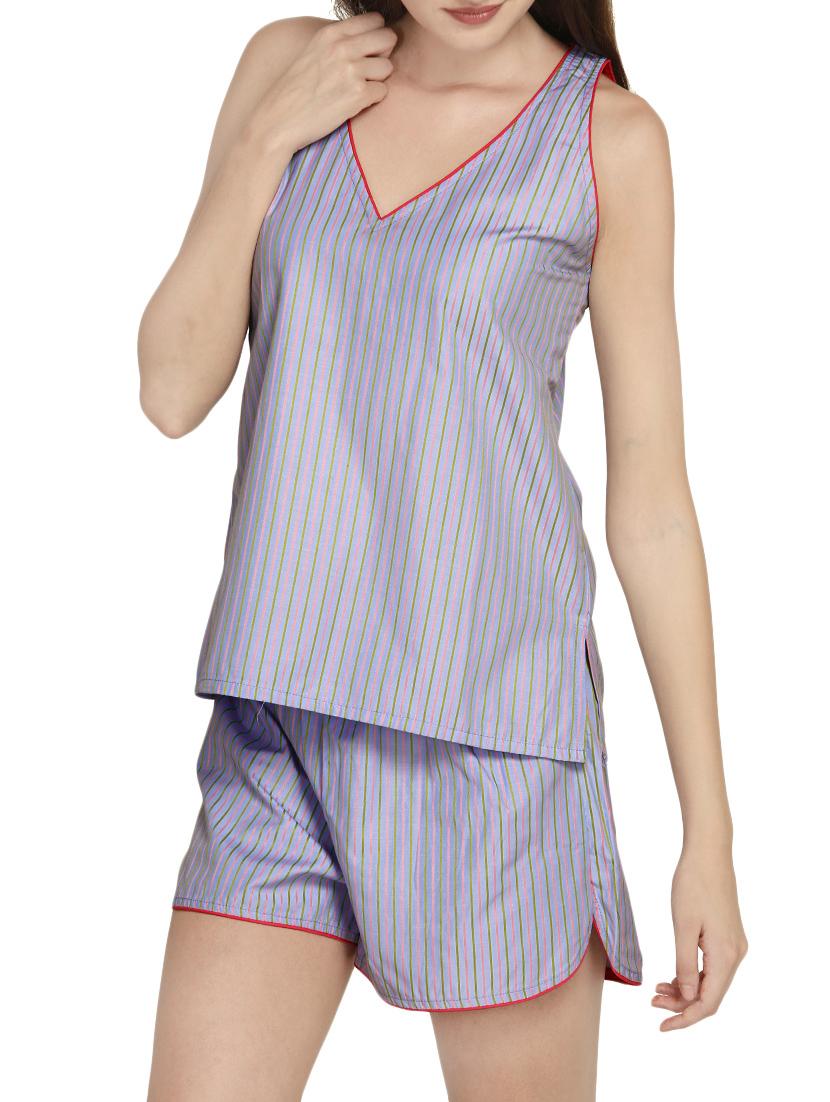 contrast bind striped top with shorts set - 14461760 - Zoom Image - 1