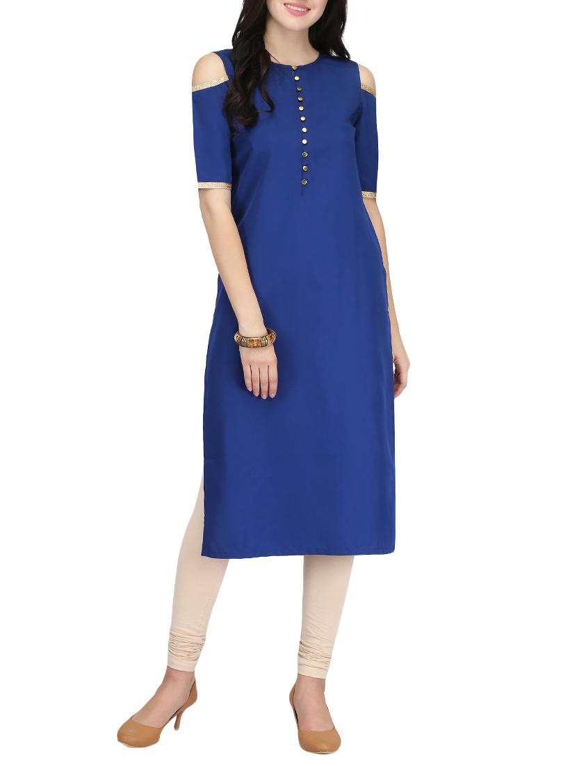 blue crepe straight solid kurta - 14461873 - Zoom Image - 1