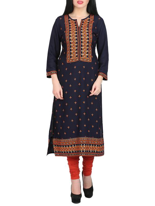 blue rayon printed straight kurta - 14462224 - Very Small Image - 1