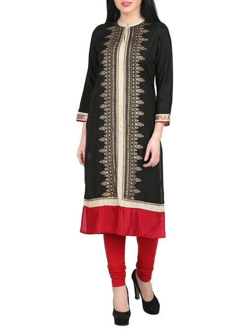 black chanderi printed straight kurta - 14462226 - Very Small Image - 1