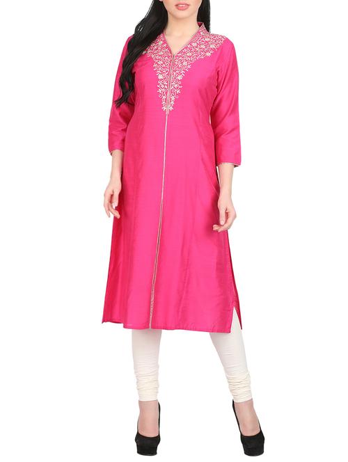 pink chanderi embroidered straight kurta - 14462237 - Very Small Image - 1