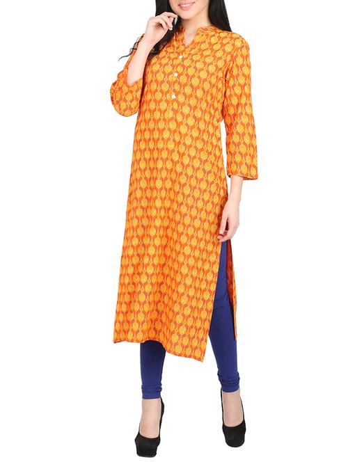 orange cotton printed straight kurta - 14462238 - Very Small Image - 1
