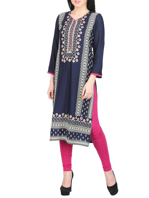 blue rayon printed straight kurta - 14462240 - Very Small Image - 1