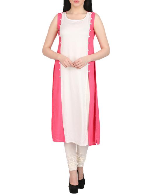 white rayon color block straight kurta - 14462251 - Very Small Image - 1