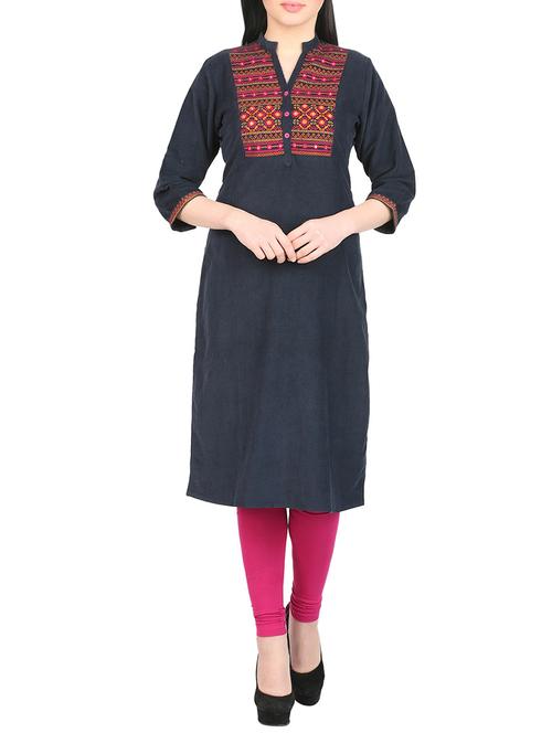 black corduroy embroidered straight kurta - 14462262 - Very Small Image - 1