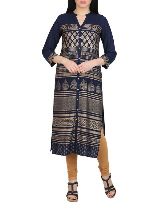 blue rayon block printed straight kurta - 14462264 - Very Small Image - 1