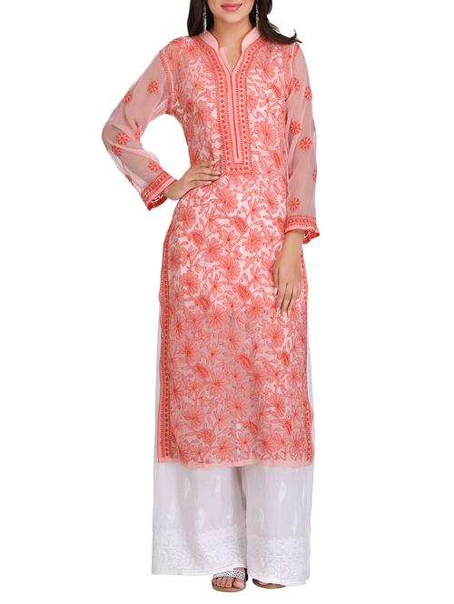 ada peach georgette chikankari kurta - 14462321 - Very Small Image - 1