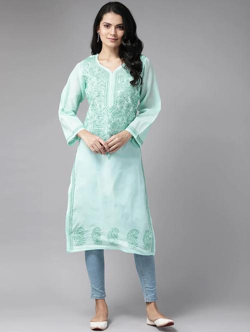 ada blue cotton straight kurta - 14462322 - Standard Image - 1