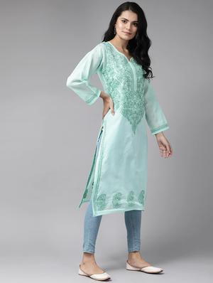 ada blue cotton straight kurta - 14462322 - Standard Image - 2