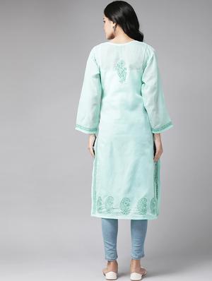 ada blue cotton straight kurta - 14462322 - Standard Image - 3