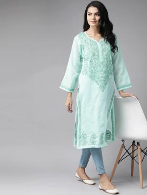 ada blue cotton straight kurta - 14462322 - Standard Image - 4