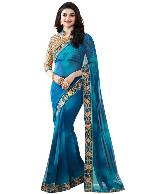 sky blue georgette printed saree with blouse - 14462604 - Very Small Image - 1
