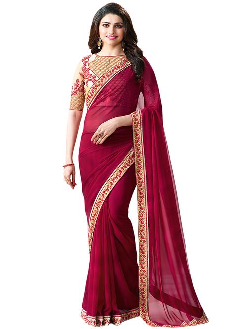 maroon georgette printed saree with blouse - 14462605 - Very Small Image - 1