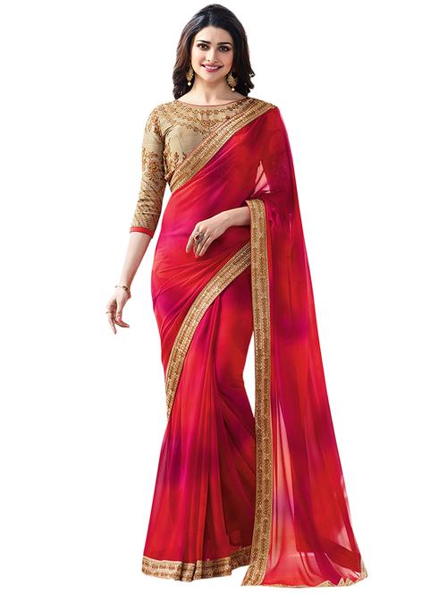red georgette printed saree with blouse - 14462608 - Very Small Image - 1