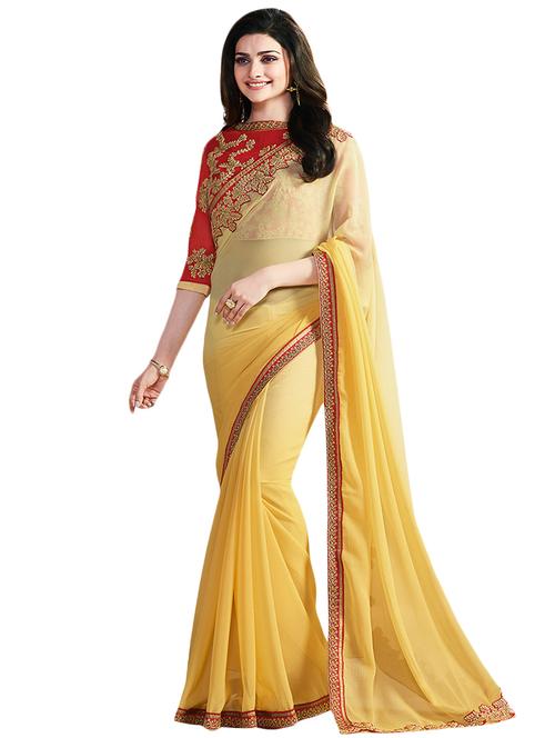 yellow georgette ombre saree with blouse - 14462610 - Very Small Image - 1