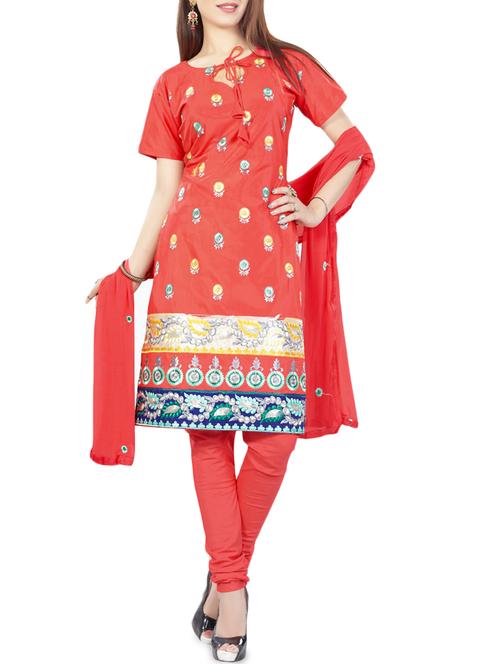 red cotton embroidered unstitched dress material - 14463336 - Very Small Image - 1