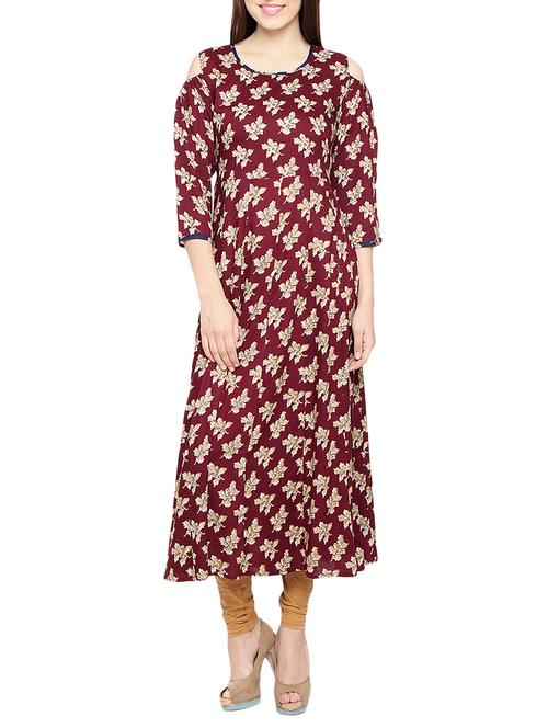 maroon rayon flared kurta - 14463341 - Very Small Image - 1