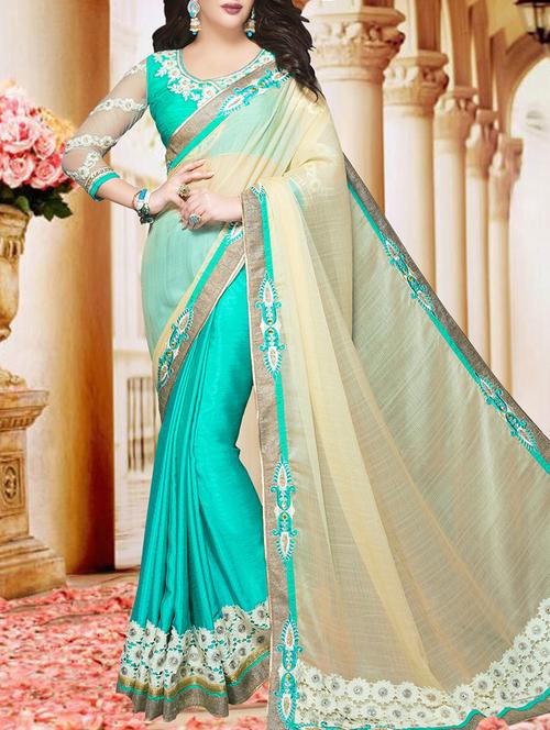 Beige and green half & half saree with blouse - 14463971 - Very Small Image - 1