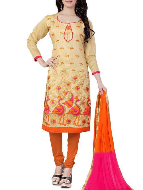 beige chanderi cotton churidaar suit dress material - 14464031 - Standard Image - 1
