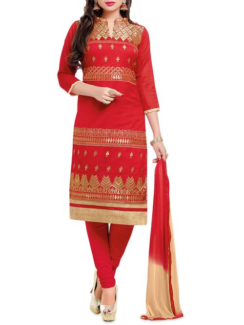 red chanderi cotton churidaar suit dress material - 14464033 - Very Small Image - 1