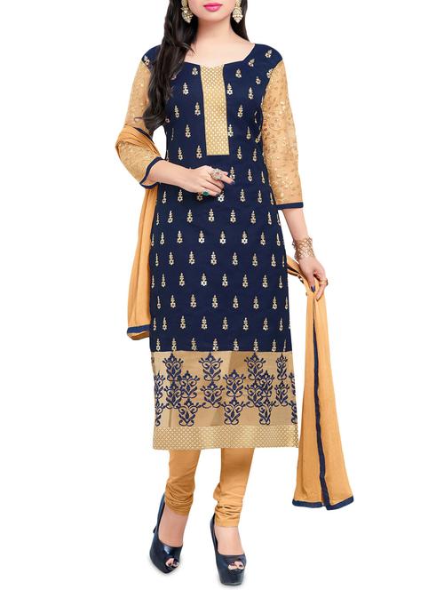 blue chanderi cotton churidaar suit dress material - 14464035 - Very Small Image - 1