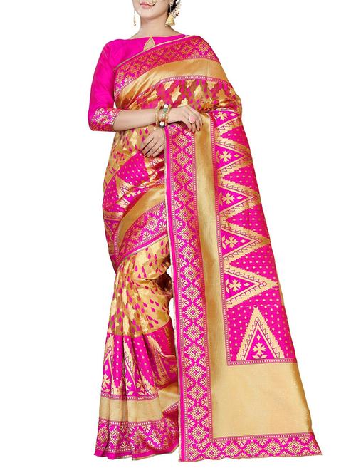 beige & pink silk banarasi saree with blouse - 14465210 - Very Small Image - 1