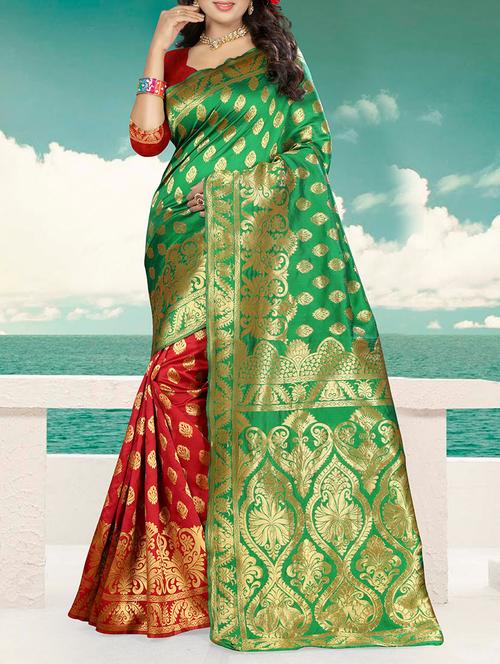 green half and half saree with blouse - 14465769 - Very Small Image - 1