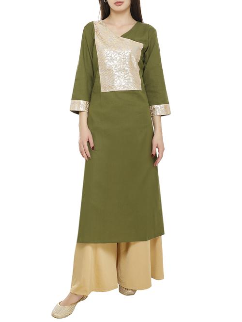 mehandi green cotton straight kurta - 14465791 - Very Small Image - 1