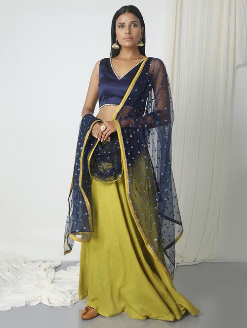 TrueBrowns green crinkle skirt with blue silk blouse lehenga set - 14465942 - Very Small Image - 1