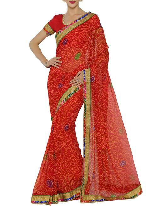 orange georgette bandhani saree with blouse - 14466233 - Very Small Image - 1