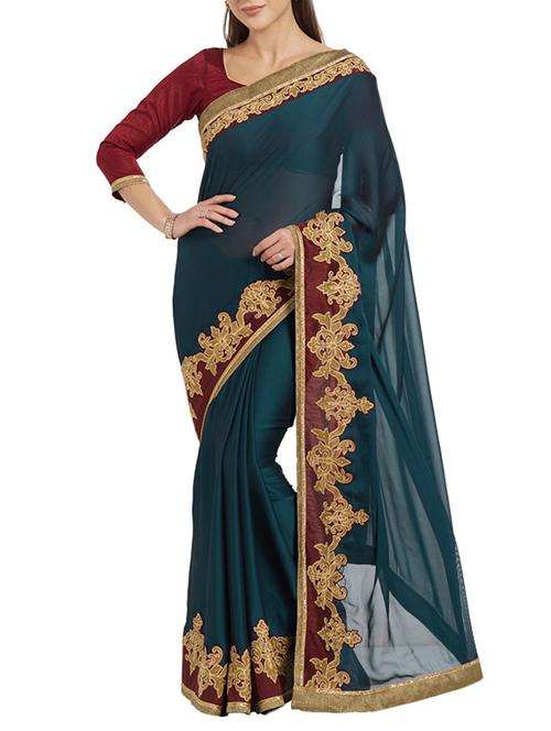 green georgette embroidered saree with blouse - 14466257 - Very Small Image - 1