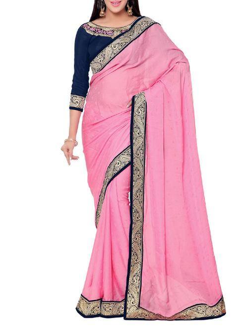 pink crepe bordered saree - 14466282 - Very Small Image - 1