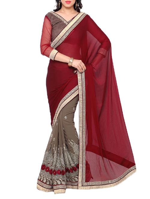 maroon chiffon embroidered saree - 14466353 - Very Small Image - 1
