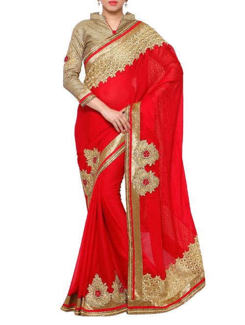 red georgette embroidered saree - 14466365 - Very Small Image - 1