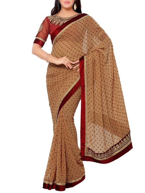 beige foil printed saree - 14466384 - Very Small Image - 1