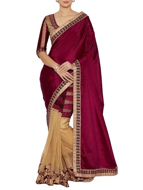 maroon half and half saree with blouse - 14466437 - Very Small Image - 1