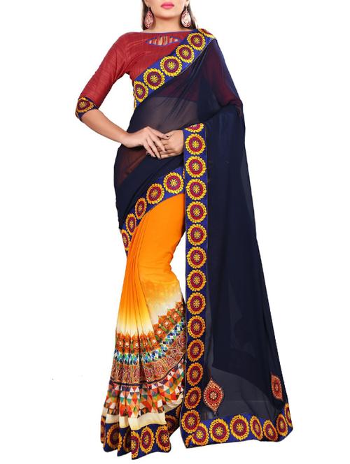 yellow georgette embroidered saree with blouse - 14466517 - Very Small Image - 1