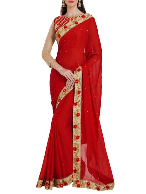 red chiffon embellished saree - 14466554 - Very Small Image - 1